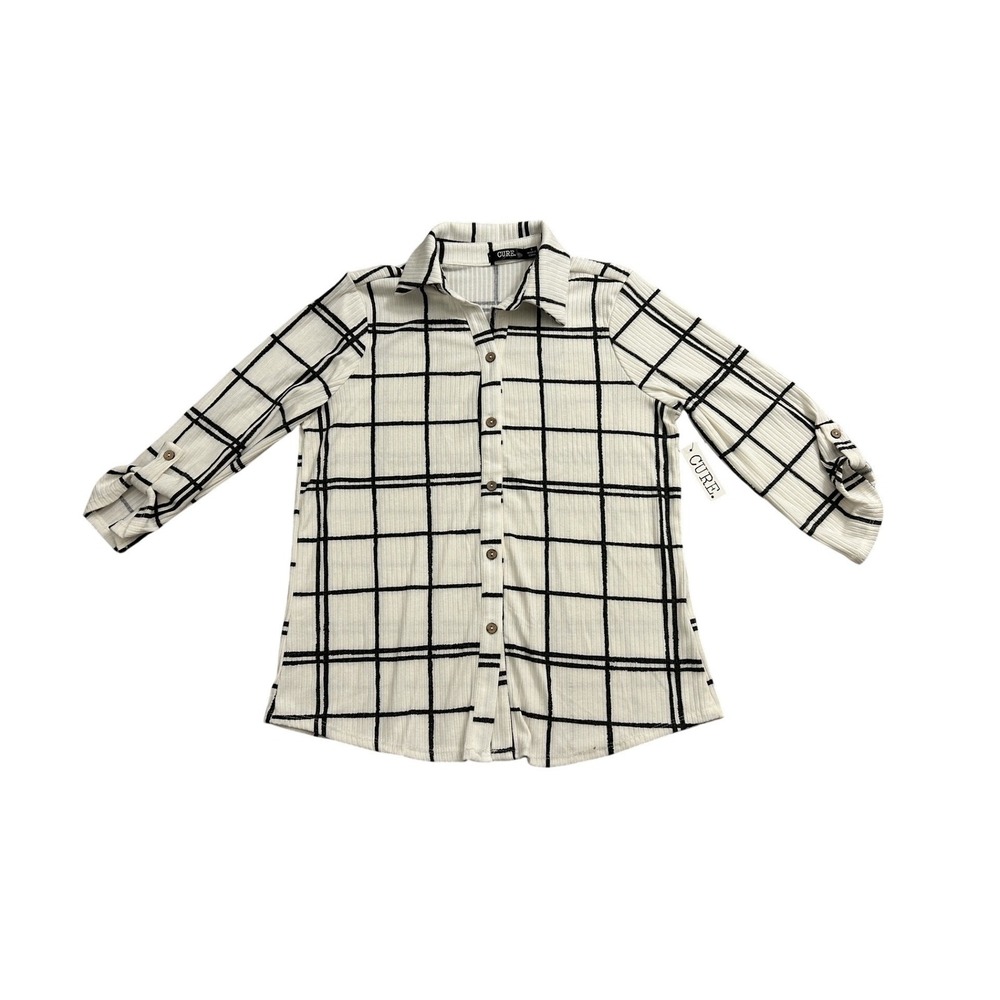 CURE Windowpane Ribbed Button‎ Down Shirt Womens S White Black NEW